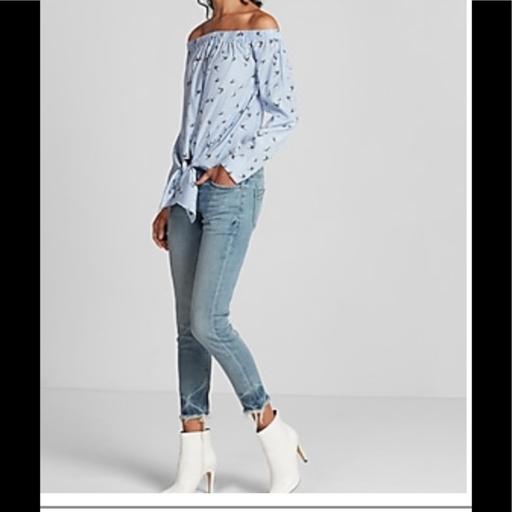 Striped Bird Off The Shoulder Tie Front Blouse